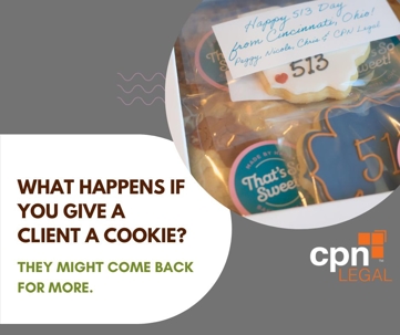 An advertisement for CPN Legal showing a box of cookies labeled "Happy 513 Day from Cincinnati, Ohio".