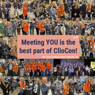 ClioCon 2023 attendees pose in a collage with a grey dog poster.