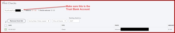 The page displays details, like the account balance, check number, date, payee, and amount.