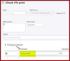 A form named "Check #To print" includes fields for payee, bank account, mailing address, payment date, and category.